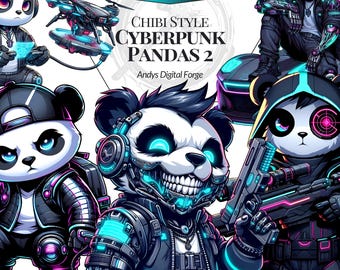 Cyberpunk Panda Chibi 2 - High-Res Sci-Fi RPG PNGs Cliparts - For Sublimation, Gaming, DIY Crafts, Printable Digital Art - Digital download
