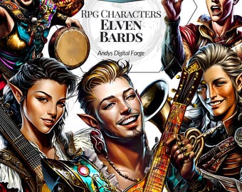 Fantasy Elven Bards Set - High-Resolution PNG Cliparts, RPG Tabletop Games, Sublimation, Creative Projects - Digital Download