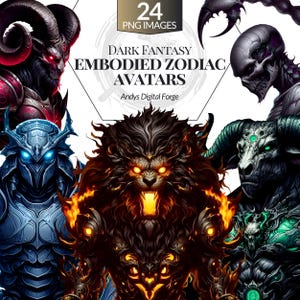 May include: Digital art featuring dark fantasy embodied zodiac avatars. The image includes various demonic and monstrous figures with glowing eyes and intricate armor. Text reads "Dark Fantasy Embodied Zodiac Avatars" and "24 PNG Images."