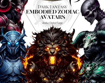 Dark Fantasy Zodiac Avatar - 12 Embodied Astrological Signs Cliparts  - Portrait and Full Body - Sublimation - Digital Print and Download