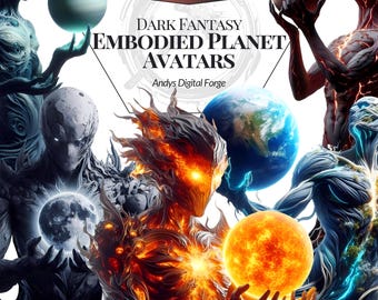 Solar System Avatars Set Dark Fantasy - 20 Planets Embodied as Cosmic Characters - PNG Cliparts - Sublimation - Digital Printing