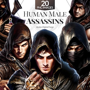 20 Human Male Assassins Cliparts - High-Res Fantasy RPG PNGs for Tabletop Gaming, Sublimation, Printable Digital Art & DIY Craft Projects.