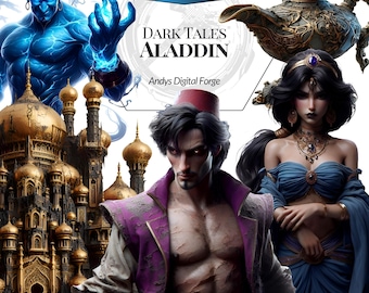 Aladdin and the Wonderful Lamp Dark Fantasy - Forbidden Wishes Clipart. Haunted PNGs for gothic sublimation, strange creations and horror.