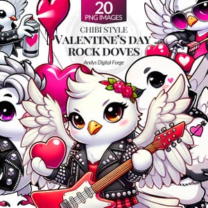 Chibi Valentines Day Rock Doves Cliparts – High-Res Vibrant Digital Art for Gaming, Sublimation, DIY Crafts, Stickers and Romantic Projects.