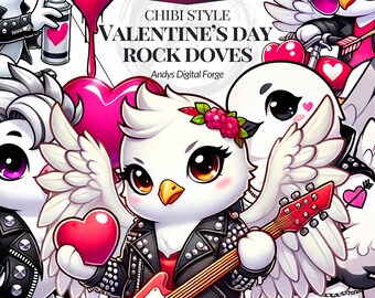 Chibi Valentines Day Rock Doves Cliparts – High-Res Vibrant Digital Art for Gaming, Sublimation, DIY Crafts, Stickers and Romantic Projects.