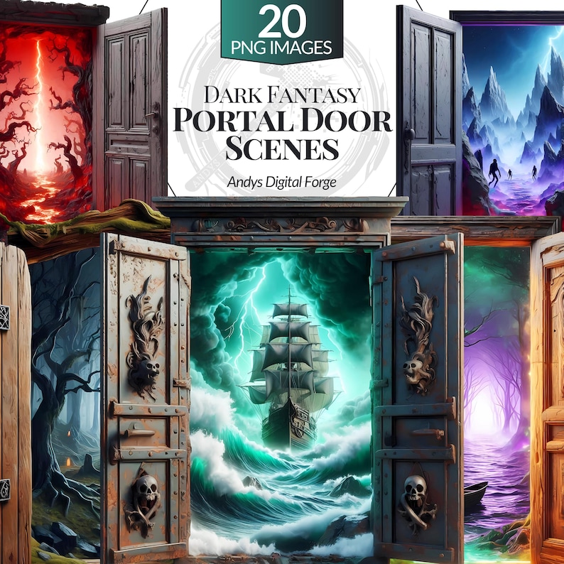 Cliparts porte portail scène dark fantasy - Portes ouvertes sur mondes hantés. PNG gothique HD - RPG, sublimation et impressions Halloween.