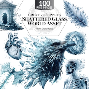 May include: A digital collection of 100 PNG images titled Creative Supplies Shattered Glass World Asset by Andys Digital Forge, featuring blue-toned illustrations of a heart, a raven, a skull, an axe, a feather, and a gear made of glass shards.
