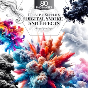 Peut inclure: Image numérique présentant 80 images PNG de fumée et d'effets numériques. L'image présente des explosions de fumée vibrantes et colorées dans diverses teintes, notamment le bleu, l'orange, le rose et le noir, avec le texte "Creative Supplies Digital Smoke and Effects."