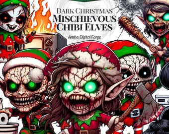 Dark Christmas Mischievous Scary Chibi Elves - Extreme Pranks & Chaos - PNG Cliparts - Creative Projects, Digital Download
