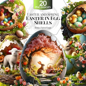 Pode incluir: Imagem digital com ilustrações temáticas de Páscoa e Primavera. A obra de arte apresenta cascas de ovo rachadas com várias cenas no interior, como um cordeiro, um coelho, pintinhos e ovos coloridos, rodeados por flores e vegetação. A imagem também inclui o texto "20 PNG Images" e "Easter in Egg Shells".