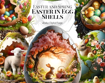 Easter in Egg Shells - Floral Scene, Spring Animals, Decorations - PNG Cliparts - Sublimation, Crafts, Digital Art, Download