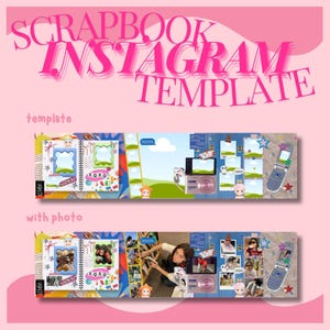 May include: A scrapbook Instagram template with a blue and pink colour scheme. The template features a collage of photos, stickers, and text. The text includes "MAMA" and "XOXO".