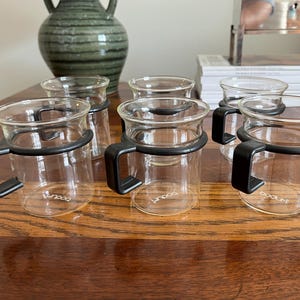 Set of 6 bodum 1980s bistro coffee or tea cups glass with plastic handle - black