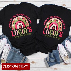 Personalized Strawberry Mom Dad Shirt, Berry First Birthday Tshirt, 1st Birthday Outfit, Strawberry Themed Party Tee, Custom Strawberry
