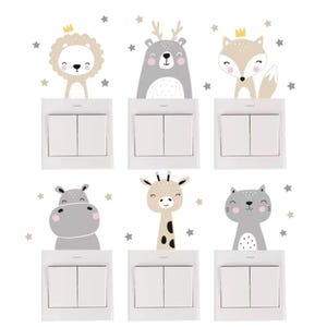 6er Set Wandaufkleber Boho Farbige Cartoon Tiere - Verspielte Dekorative Schalter Wandtattoo und Steckdosenaufkleber für Kinderzimmer