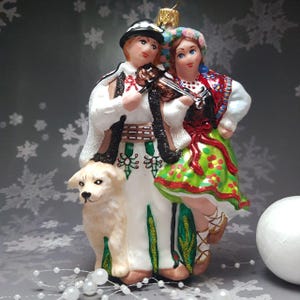 Hutsul couple with a dog  Christmas glass ornaments