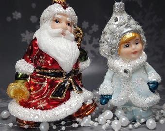 Snow Maiden Christmas Ornaments, Red & Blue Glass Snegurochka
