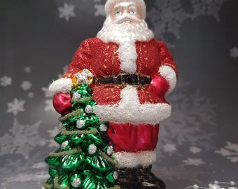 Hand-Blown Glass Santa Claus Ornament with Christmas Tree