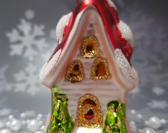 Winter Hearthstone: Hand-Painted Glass Cottage Ornament