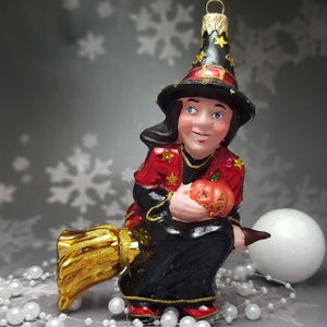 Charming Witch with a Pumpkin christmas glass  figure ornament ball  halloween handcrafted  broomstick holiday decor