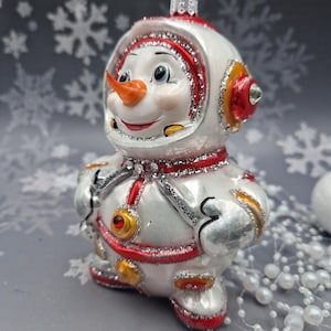 Vintage Glass Christmas Ornament – Snowman Astronaut – Hand-Painted Space Snowman Holiday Decoration