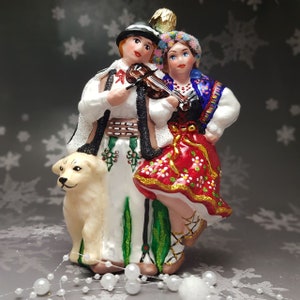 Hutsul couple with a dog  Christmas glass ornaments