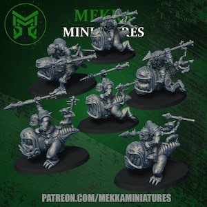 May include: Miniature figurines of fantasy creatures riding mechanical beasts. The figures are gray and mounted on black bases. The image includes the text "MEKKA MINIATURES" and "PATREON.COM/MEKKAMINIATURES" in white.