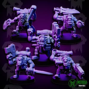 May include: Five miniature figurines of Orc-like characters in various action poses. Each figure is gray and stands on a black base. They are armed with weapons and gear, set against a purple background. The MEKKA MINIATURES logo is in the bottom right corner.