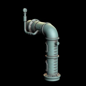 May include: A teal-colored industrial pipe with a curved elbow and various fittings. The pipe features a pressure gauge, bolts, and a cylindrical base. The design suggests a steampunk or industrial aesthetic.