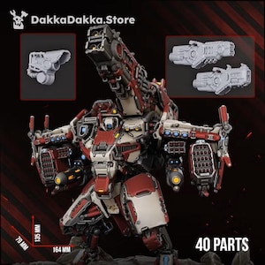 May include: A red and off-white mechanical robot model kit with a large top-mounted cannon, missile launchers, and side weaponry. The kit includes 40 parts, with dimensions of 164 mm by 135 mm by 79 mm, and features additional weapon components.