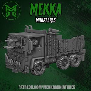 May include: A gray miniature truck with multiple machine guns, spikes, and a menacing front grill. The text "MEKKA MINIATURES" is in green above the truck. The word "WAAAGH" is visible on the front. The website address is at the bottom.
