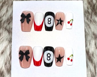 Retro Press-On Nails | 8-Ball, Black Bow, Star & Cherry Designs | Short Square Nails | Custom Hand-Painted Nail Art | Fun Retro Manicure