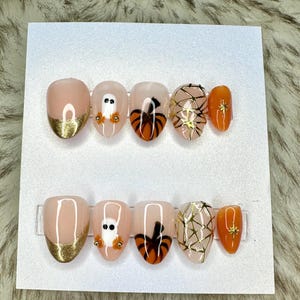 Spooky Halloween Press On Nails - Ghost, Pumpkin, Geometric & Gold Accent with Warm Tones | Handmade Fall Nail Art