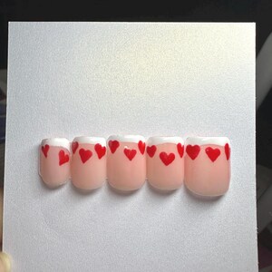 Valentine’s Day Press-On Nails | Heart & Kiss Nail Art | Handmade Pink and Red Almond Nails | Romantic Nail Design | Customizable Fake Nails