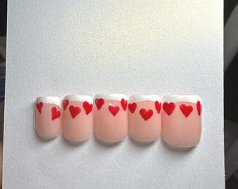 Valentine’s Day Press-On Nails | Heart & Kiss Nail Art | Handmade Pink and Red Almond Nails | Romantic Nail Design | Customizable Fake Nails