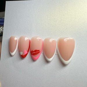 Valentine’s Day Press-On Nails | Heart & Kiss Nail Art | Handmade Pink and Red Almond Nails | Romantic Nail Design | Customizable Fake Nails