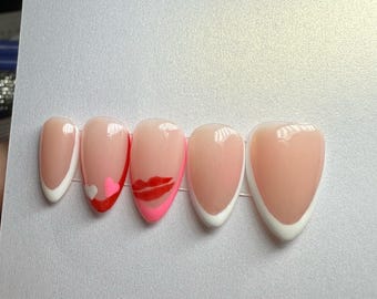 Valentine’s Day Press-On Nails | Heart & Kiss Nail Art | Handmade Pink and Red Almond Nails | Romantic Nail Design | Customizable Fake Nails