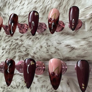 Handmade Burgundy & Tortoiseshell Press-On Nails |  Elegant Fall-Inspired Nails with Gold and Cherry Accents|  Custom Nail Lengths and Sizes