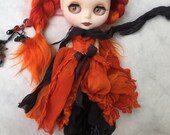 OOAK HALLOWEEN BLYTHE Doll Dress - Bewitching Hand-Dyed Silk Full-Length Gown for Blythe - Halloween Pumpkin and Black