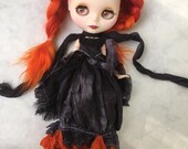 OOAK HALLOWEEN BLYTHE Doll Dress - Bewitching Hand-Dyed Silk Full-Length Gown for Blythe - Halloween Black and Pumpkin