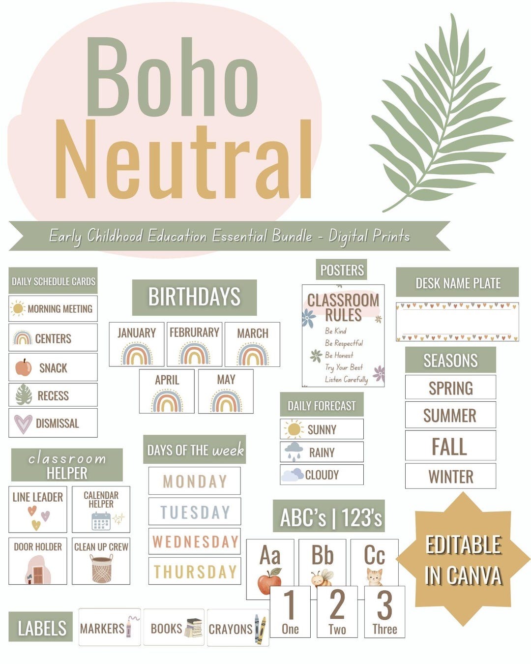 Boho Neutral Classroom Decor Bundle | Editable Canva Printables - Etsy