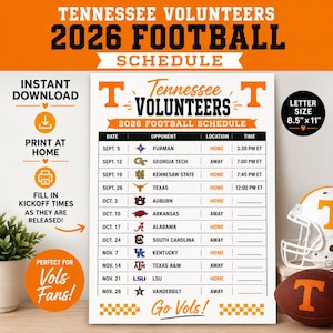 May include: A white Tennessee Volunteers 2026 football schedule print with orange and black text. The document lists dates, opponents, locations, and times, measuring 21.59 cm by 27.94 cm. It features team logos and a checkerboard pattern.