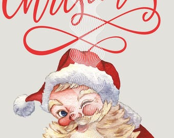 Printable Christmas Cards Vertical Vintage Santa with Merry Christmas in Script
