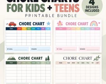 Puede incluir: Un paquete imprimible de cuatro tablas de tareas para niños y adolescentes. Cada tabla presenta una cuadrícula para tareas y días de la semana, con secciones para metas y recompensas. Los diseños incluyen un coche, una flor, un arcoíris, montañas, árboles y hojas.