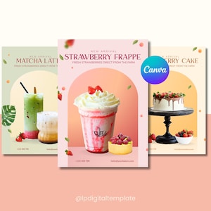 Bakery Cafe Flyer Canva Template – 3 Aesthetic Themes | A4 Printable Menu Flyer | Digital Download for Small Business, Coffee Shop Promo