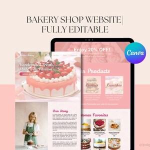 ベーカリーウェブサイトテンプレート：編集可能なケーキショップデザイン（Canva、デジタルダウンロード）