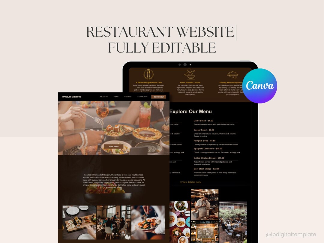 Restaurant Website Canva Template | Editable Website Design for ...