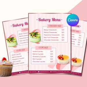 Bearbeitbare Bäckerei Menü Vorlage Canva | Konditorei Preisliste | Rosa Dessert Menü Design | Digital für kleine Unternehmen | Konditorei Menü