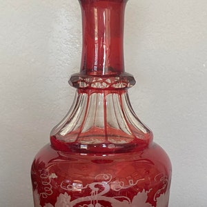 Antique Bohemian Decanter Ruby Red Etched to Clear w/Stopper Grape Vine Pattern