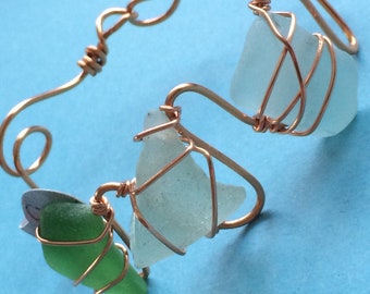 Green and Aqua Sea Glass Bracelet Wire Wrapped with Copper Wire Chesapeake Bay Eastern Shore Maryland Beach Glass Adjustable